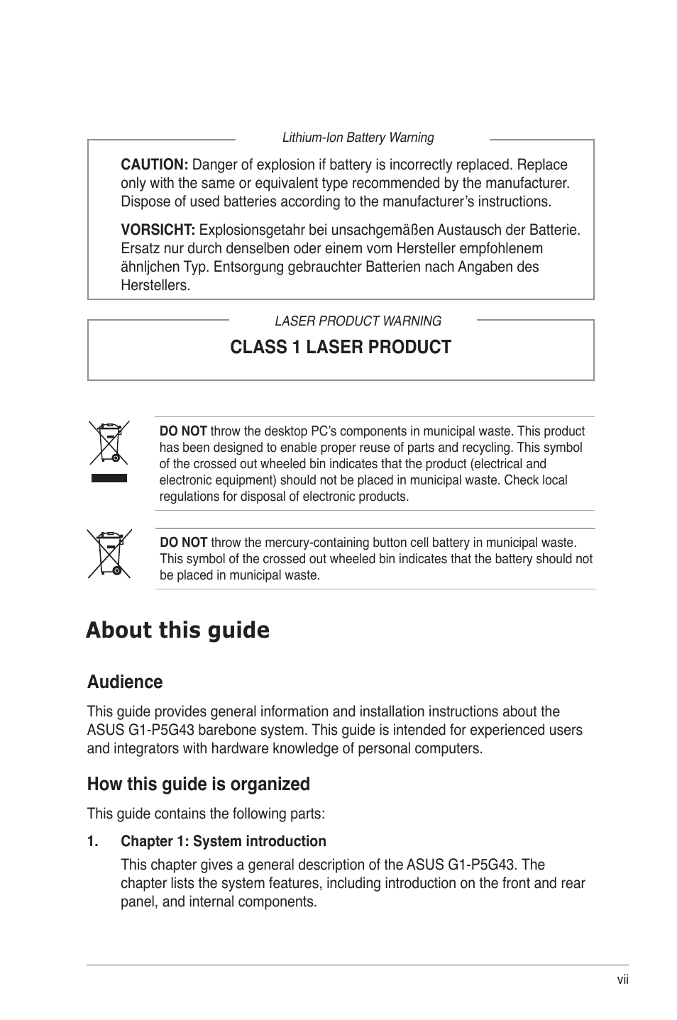 About this guide, Class.1.laser.product, Audience | Asus G1-P5G43 User Manual | Page 7 / 78