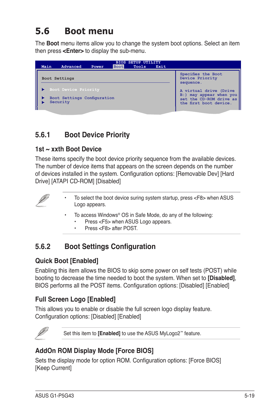 6 boot menu, 1 boot device priority, 2 boot settings configuration | Boot.menu -19 5.6.1, Boot device priority -19, Boot settings configuration -19, Boot.device.priority, 1st.~.xxth.boot.device, Quick.boot.[enabled, Full.screen.logo.[enabled | Asus G1-P5G43 User Manual | Page 73 / 78