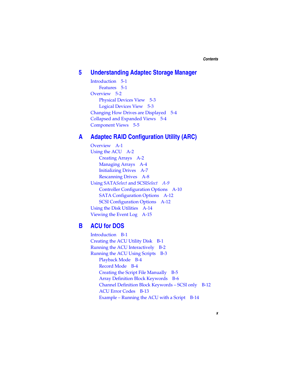 5understanding adaptec storage manager, Aadaptec raid configuration utility (arc), Bacu for dos | Asus Adaptec 2025 ZCR User Manual | Page 10 / 169