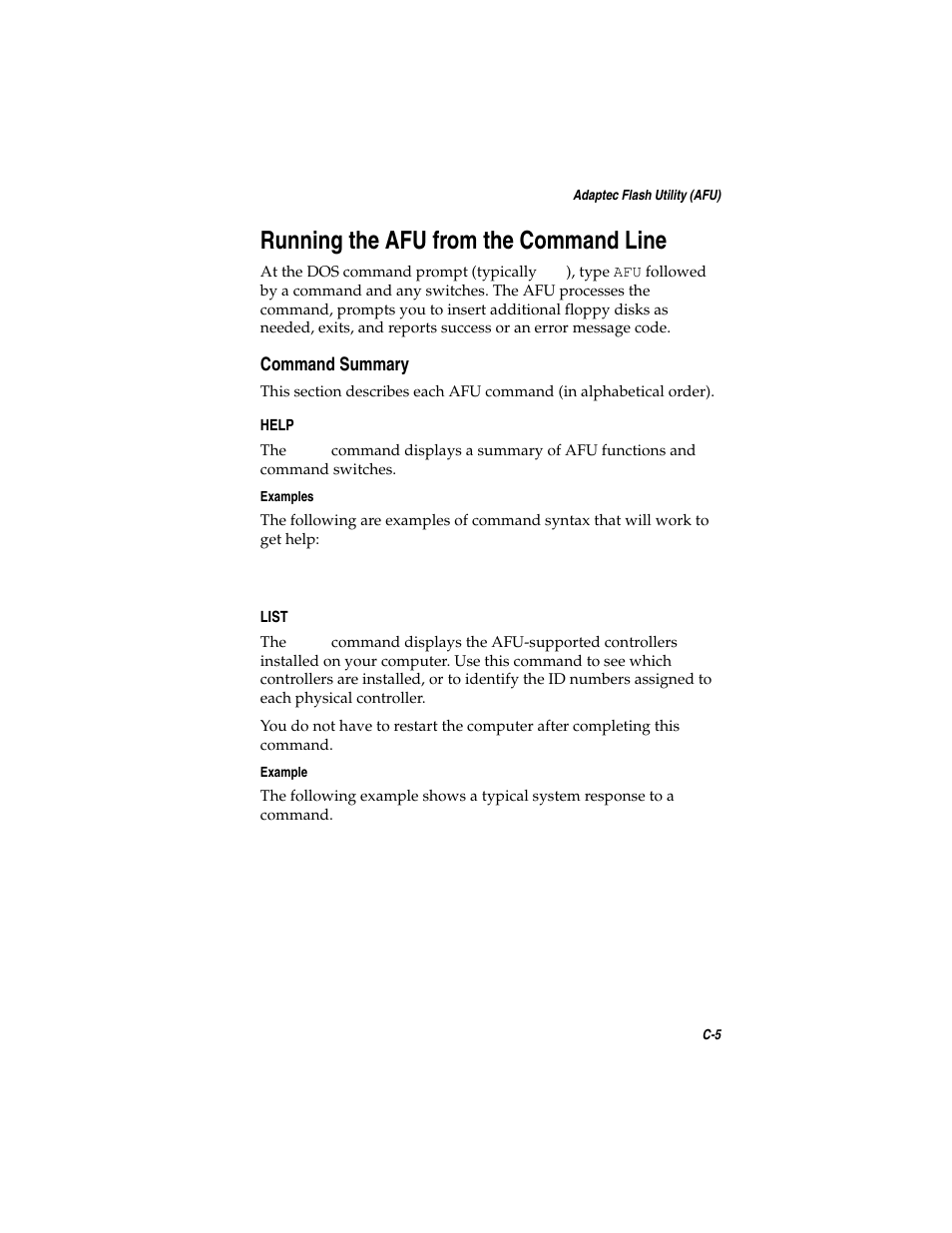 Running the afu from the command line, Command summary, Running the afu from the command line c-5 | Command summary c-5 | Asus Adaptec 2025 ZCR User Manual | Page 100 / 169