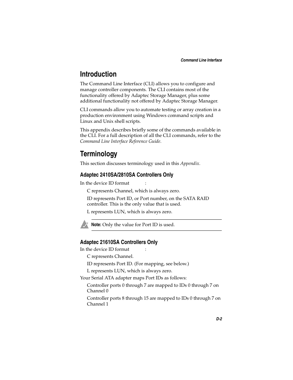 Introduction, Terminology, Adaptec 2410sa/2810sa controllers only | Adaptec 21610sa controllers only, Introduction d-2 terminology d-2 | Asus Adaptec 2025 ZCR User Manual | Page 107 / 169