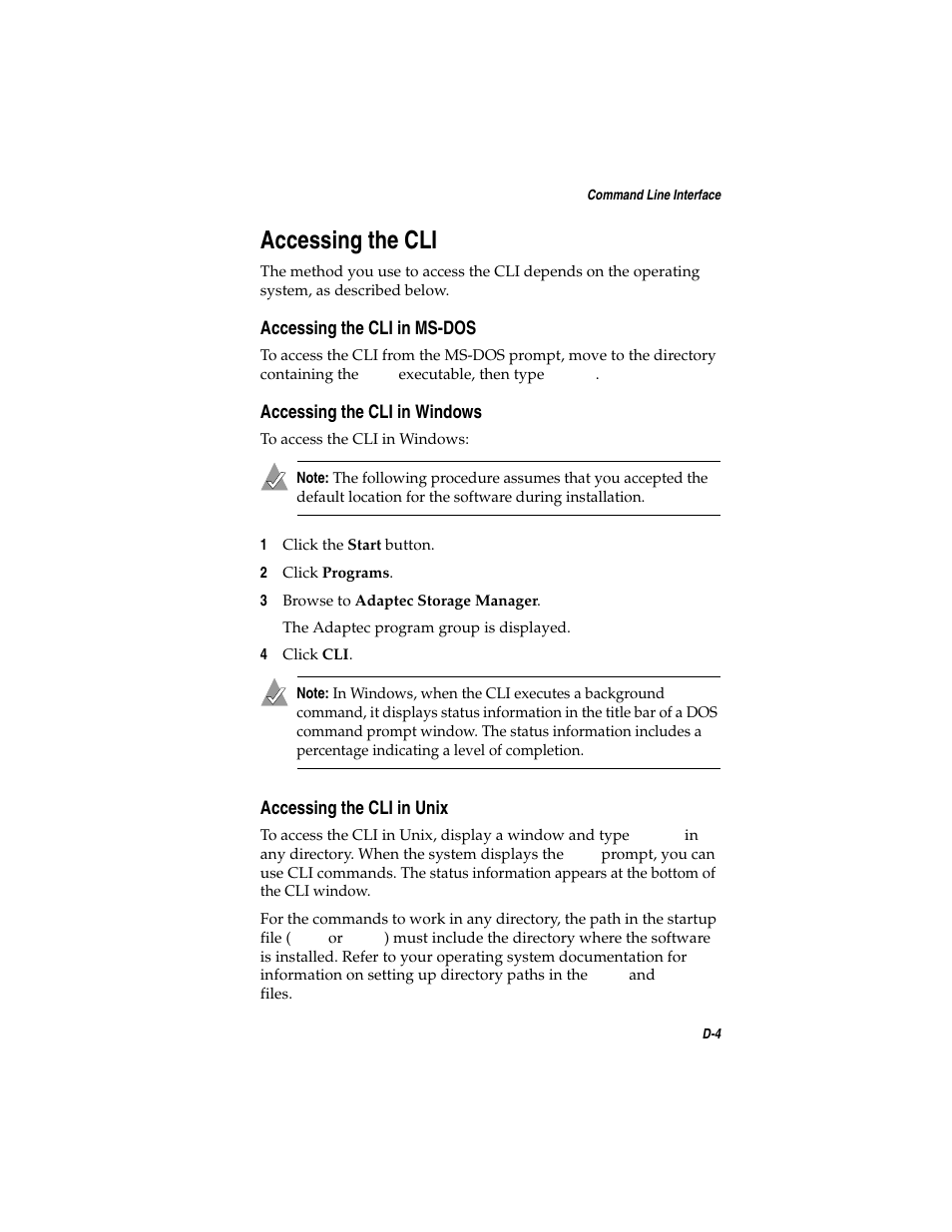 Accessing the cli, Accessing the cli in ms-dos, Accessing the cli in windows | Accessing the cli in unix, Accessing the cli d-4 | Asus Adaptec 2025 ZCR User Manual | Page 109 / 169