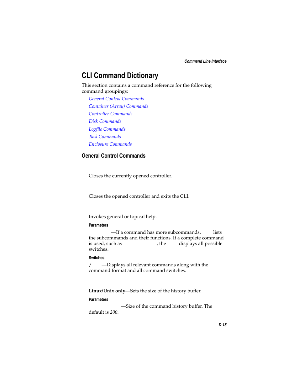 Cli command dictionary, General control commands, Cli command dictionary d-15 | General control commands d-15, D-15 | Asus Adaptec 2025 ZCR User Manual | Page 120 / 169