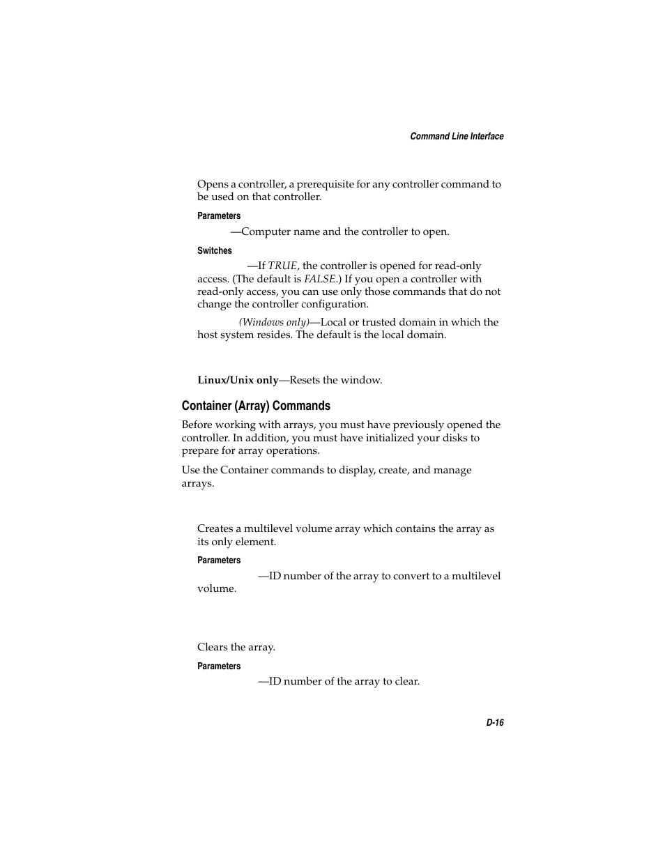 Container (array) commands, Container (array) commands d-16, D-16 | Asus Adaptec 2025 ZCR User Manual | Page 121 / 169