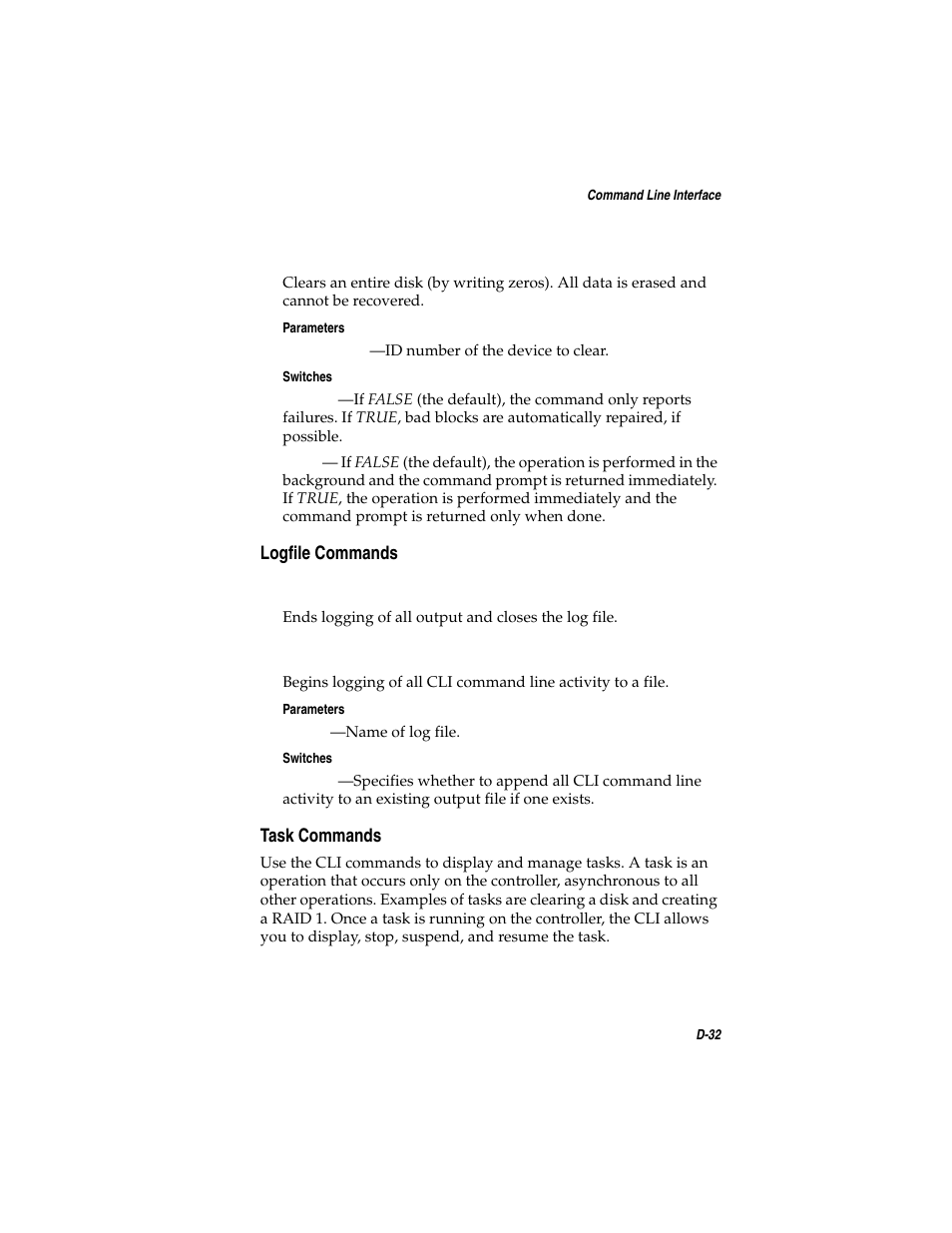 Logfile commands, Task commands, Logfile commands d-32 task commands d-32 | D-32 | Asus Adaptec 2025 ZCR User Manual | Page 137 / 169