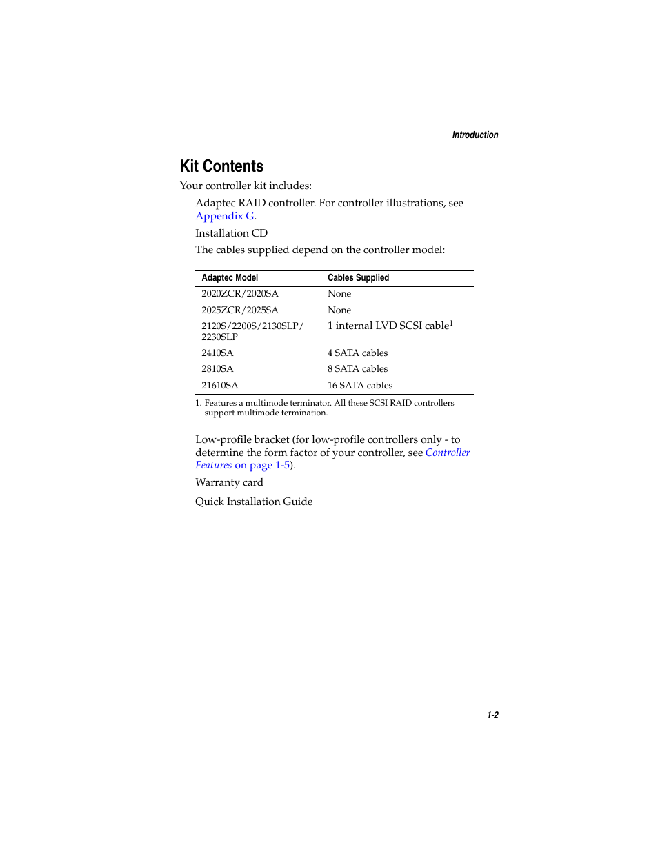 Kit contents, Kit contents 1-2 | Asus Adaptec 2025 ZCR User Manual | Page 14 / 169