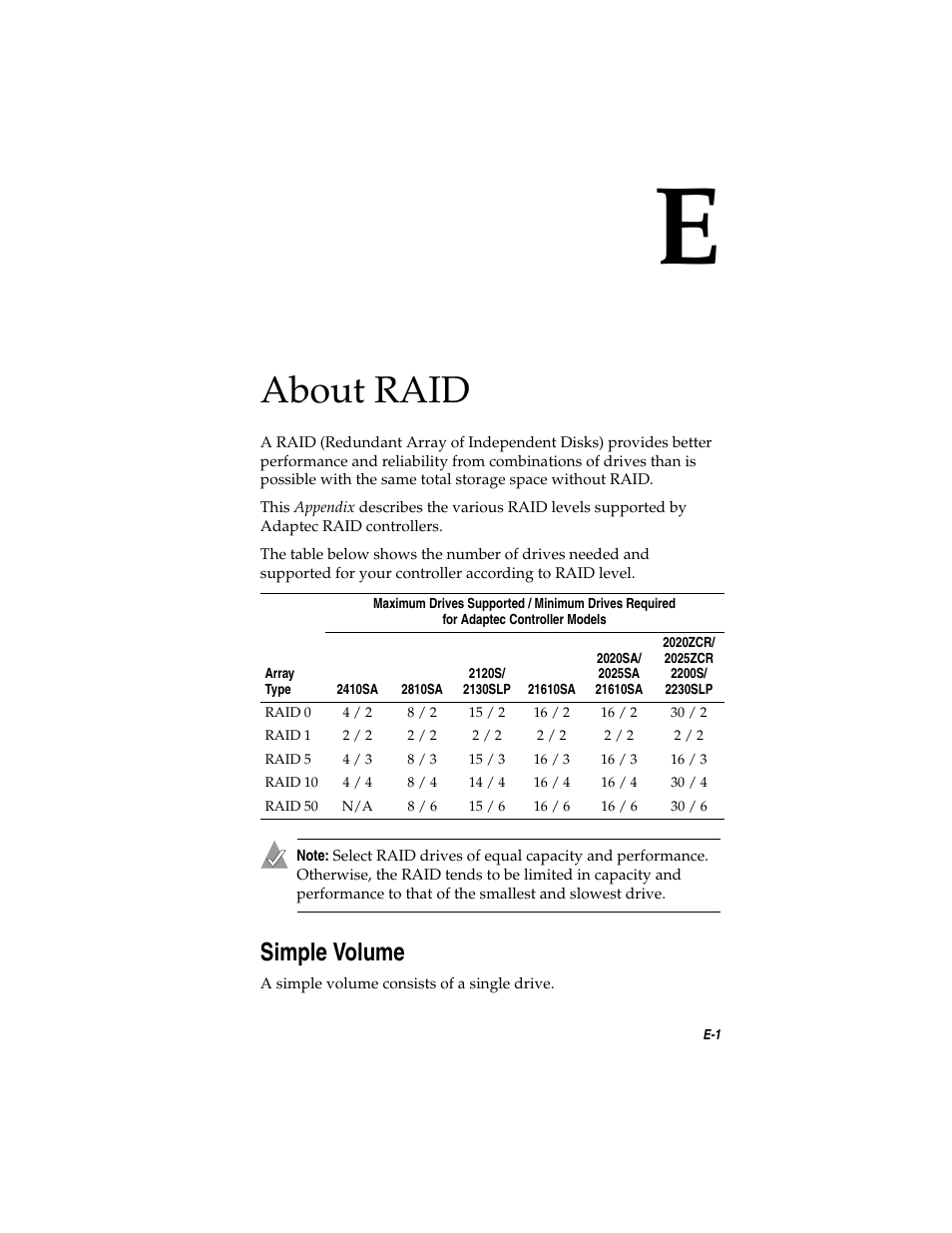 About raid, Simple volume, Simple volume e-1 | Appendix e, Appendix e, about raid | Asus Adaptec 2025 ZCR User Manual | Page 144 / 169
