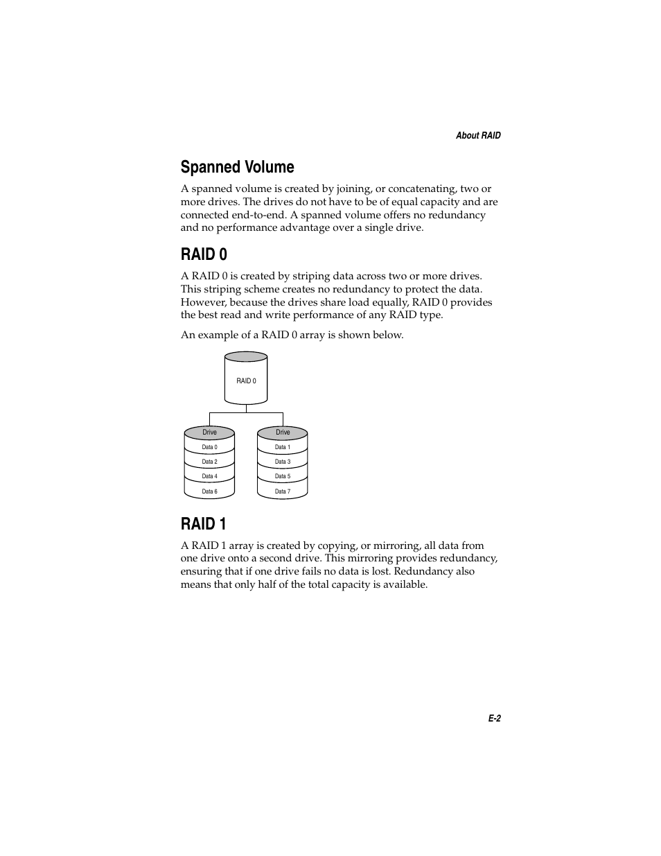 Spanned volume, Raid0, Raid1 | Spanned volume e-2 raid 0 e-2 raid 1 e-2, Raid 0, Raid 1 | Asus Adaptec 2025 ZCR User Manual | Page 145 / 169