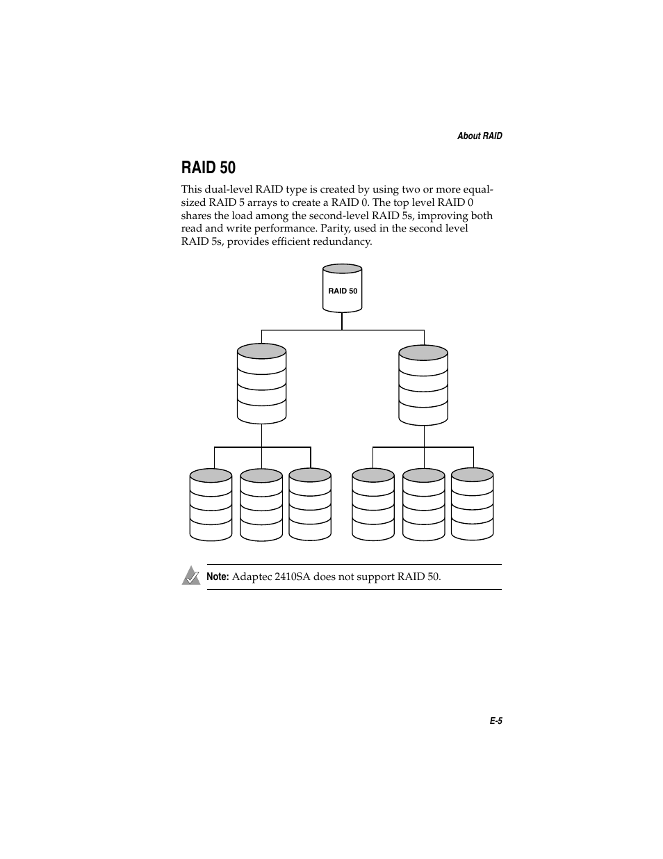 Raid50, Raid 50 e-5, Raid 50 | E-5 about raid | Asus Adaptec 2025 ZCR User Manual | Page 148 / 169