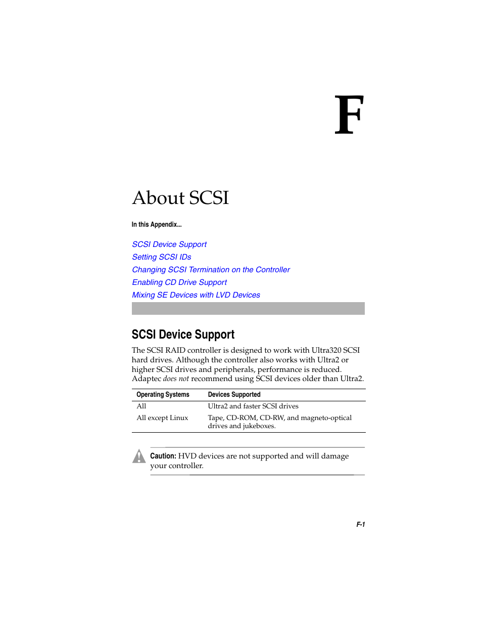 About scsi, Scsi device support, Scsi device support f-1 | Asus Adaptec 2025 ZCR User Manual | Page 149 / 169