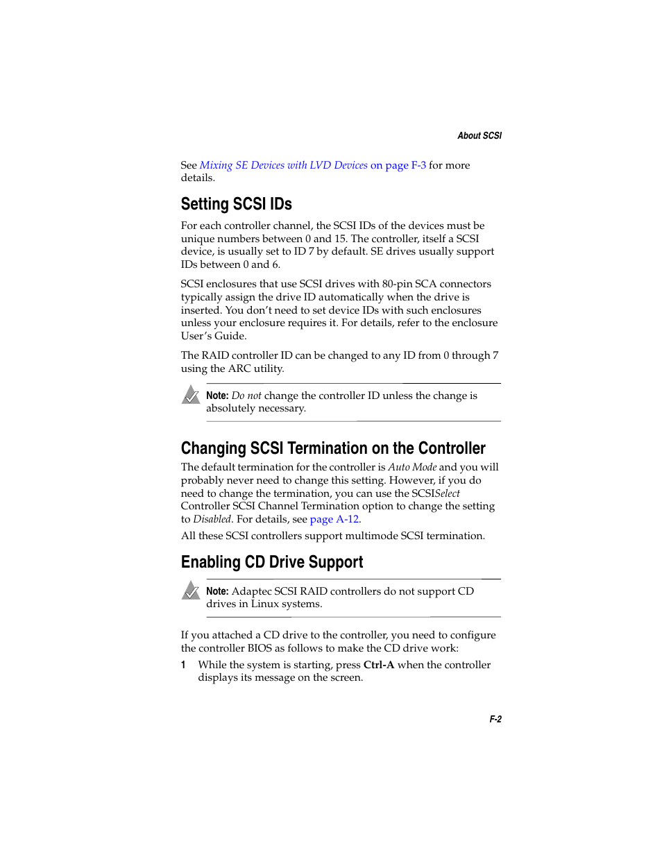 Setting scsi ids, Changing scsi termination on the controller, Enabling cd drive support | Asus Adaptec 2025 ZCR User Manual | Page 150 / 169