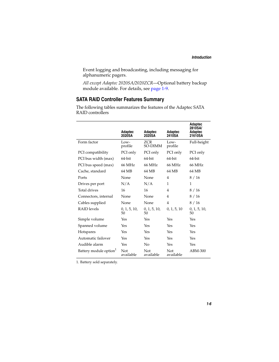 Sata raid controller features summary, Sata raid controller features summary 1-6 | Asus Adaptec 2025 ZCR User Manual | Page 18 / 169
