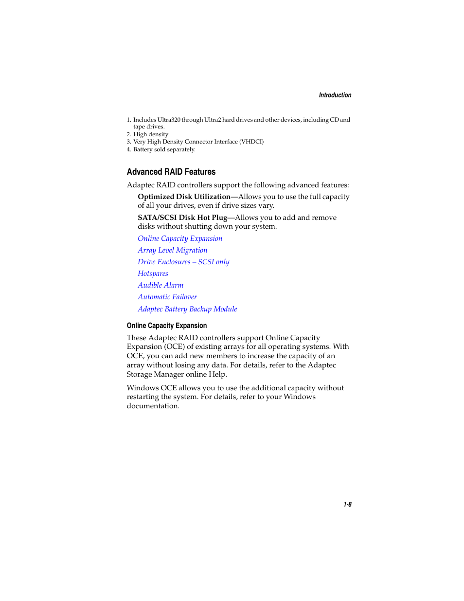 Advanced raid features, Advanced raid features 1-8 | Asus Adaptec 2025 ZCR User Manual | Page 20 / 169