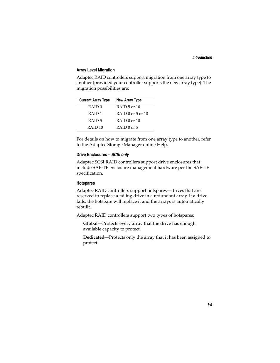 Array level migration, Drive enclosures – scsi only, Hotspares | Asus Adaptec 2025 ZCR User Manual | Page 21 / 169