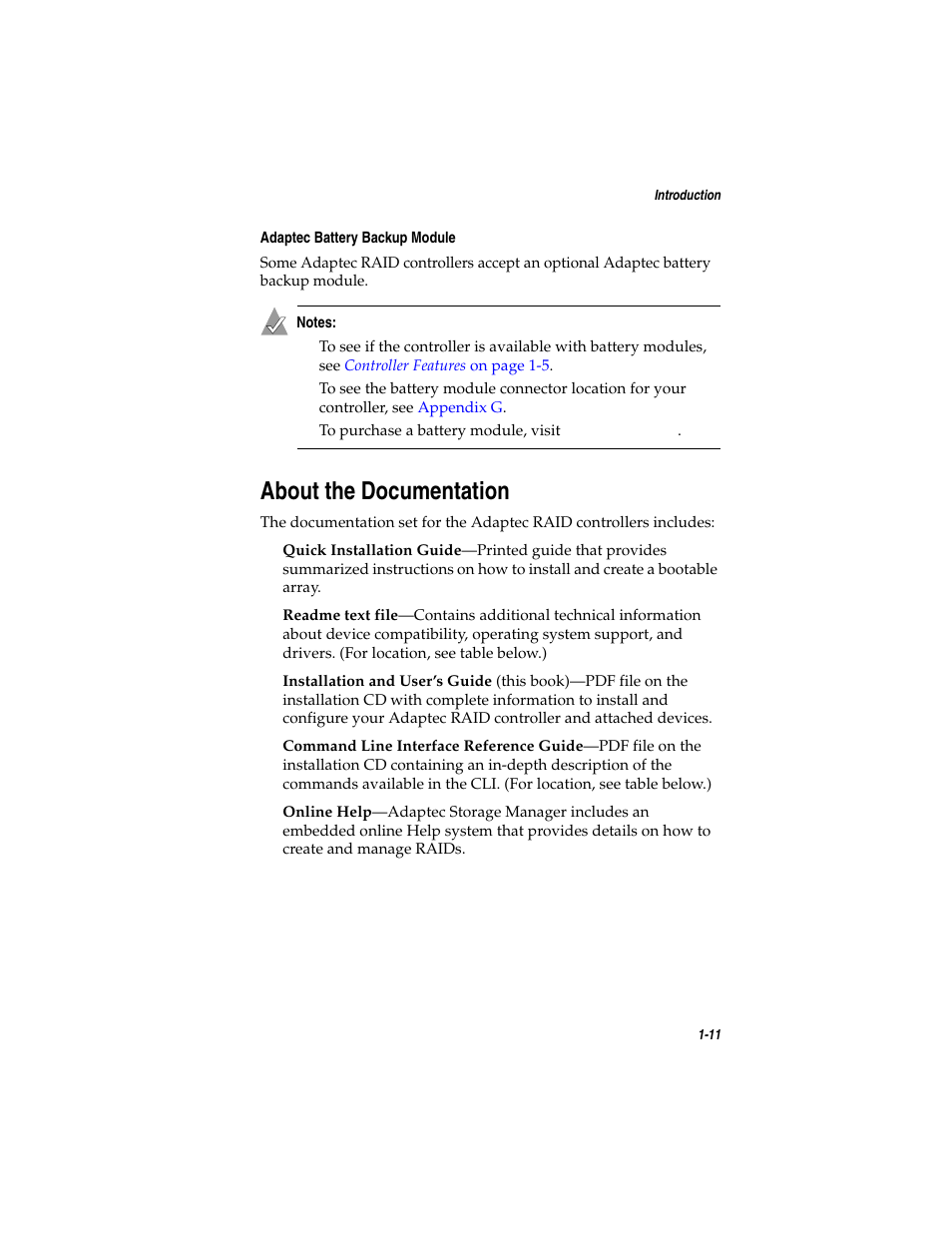 About the documentation, About the documentation 1-11, Adaptec battery backup module | Asus Adaptec 2025 ZCR User Manual | Page 23 / 169