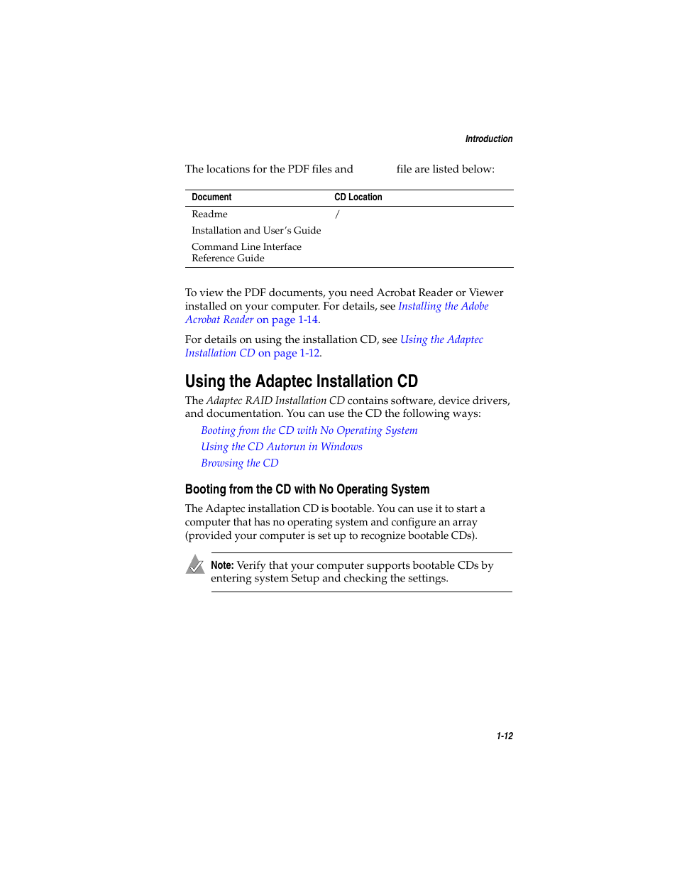 Using the adaptec installation cd, Booting from the cd with no operating system, Using the adaptec installation cd 1-12 | Booting from the cd with no operating system 1-12 | Asus Adaptec 2025 ZCR User Manual | Page 24 / 169