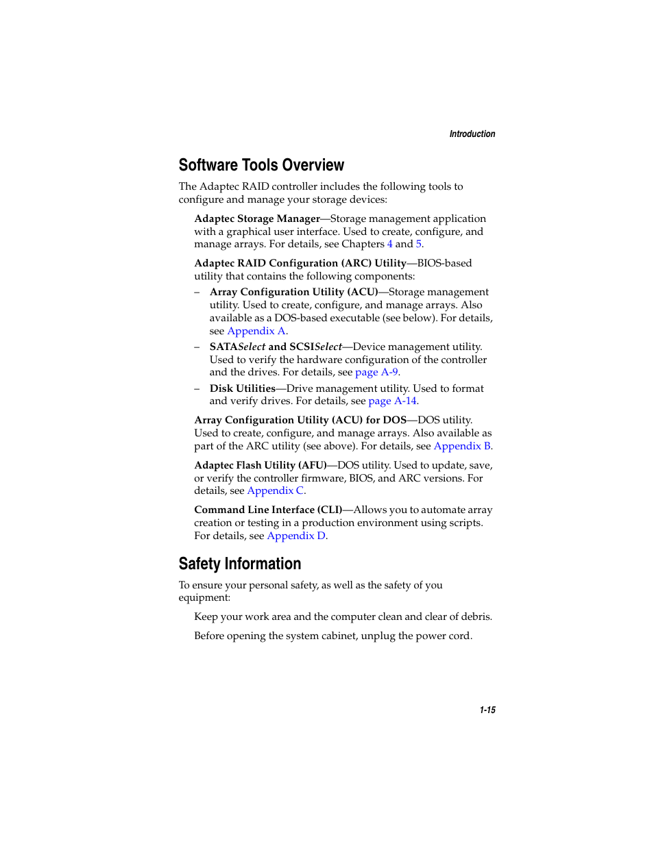 Software tools overview, Safety information | Asus Adaptec 2025 ZCR User Manual | Page 27 / 169