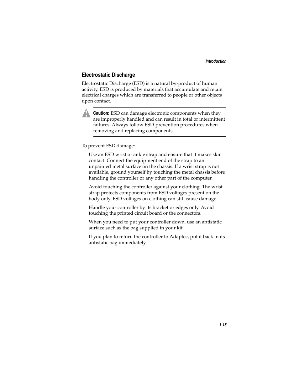 Electrostatic discharge, Electrostatic discharge 1-16 | Asus Adaptec 2025 ZCR User Manual | Page 28 / 169