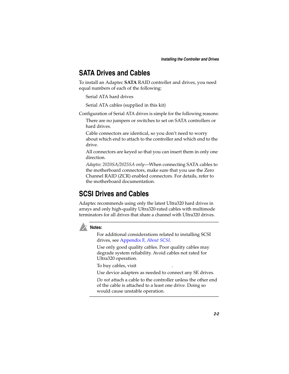 Sata drives and cables, Scsi drives and cables | Asus Adaptec 2025 ZCR User Manual | Page 30 / 169