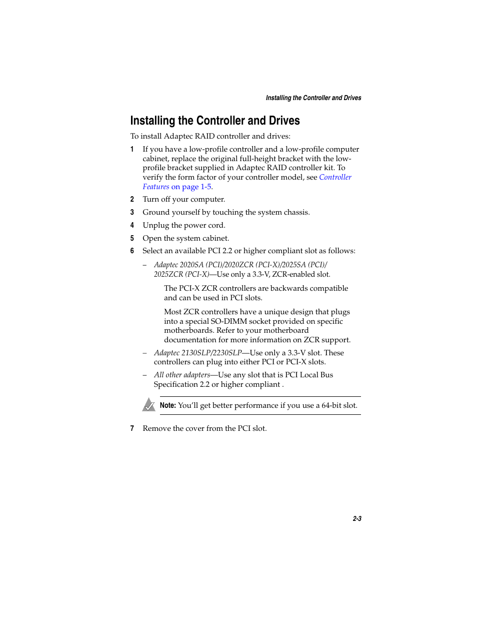 Installing the controller and drives, Installing the controller and drives 2-3 | Asus Adaptec 2025 ZCR User Manual | Page 31 / 169