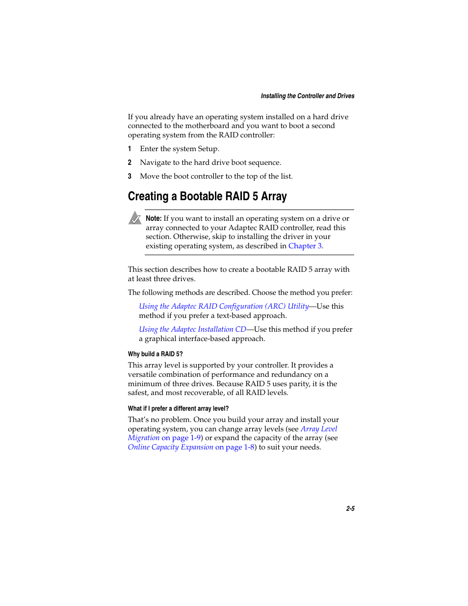 Creating a bootable raid5 array, Creating a bootable raid 5 array 2-5, Creating a bootable | Creating a bootable raid 5 array, Described in, Creating | Asus Adaptec 2025 ZCR User Manual | Page 33 / 169