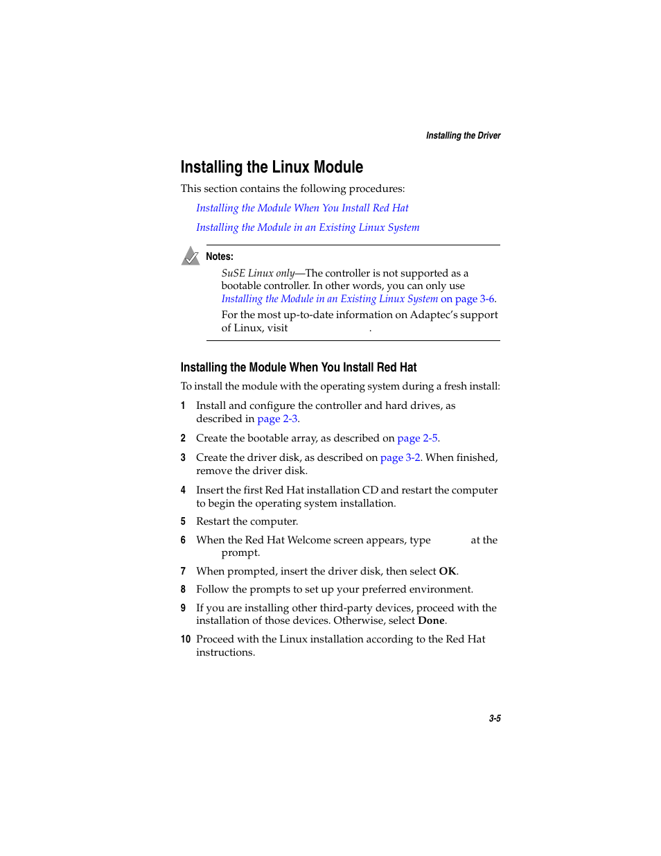 Installing the linux module, Installing the module when you install red hat, Installing the linux module 3-5 | Installing the module when you install red hat 3-5 | Asus Adaptec 2025 ZCR User Manual | Page 42 / 169