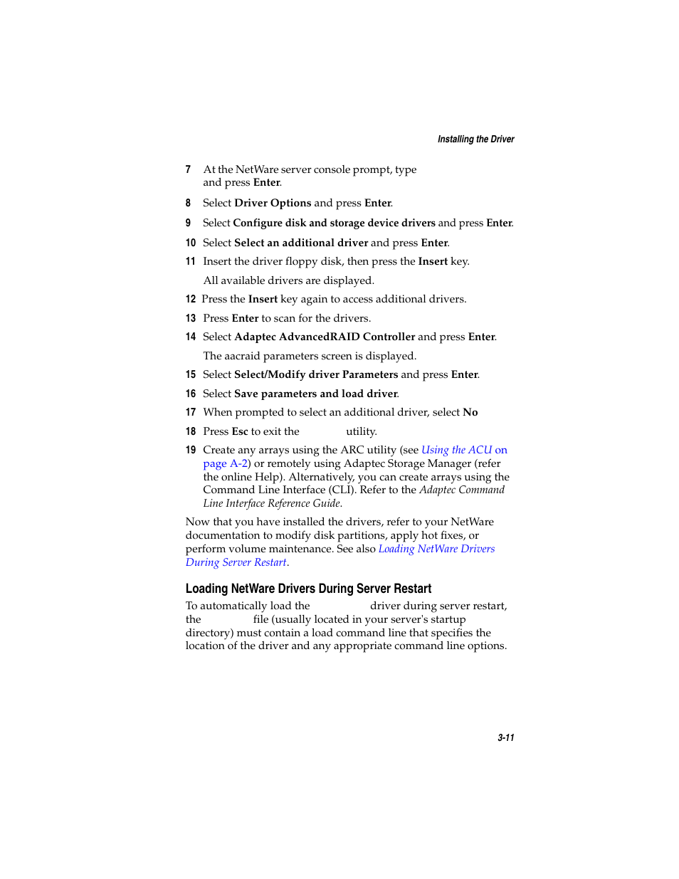 Loading netware drivers during server restart, Loading netware drivers during server restart 3-11, Loading netware drivers | Asus Adaptec 2025 ZCR User Manual | Page 48 / 169