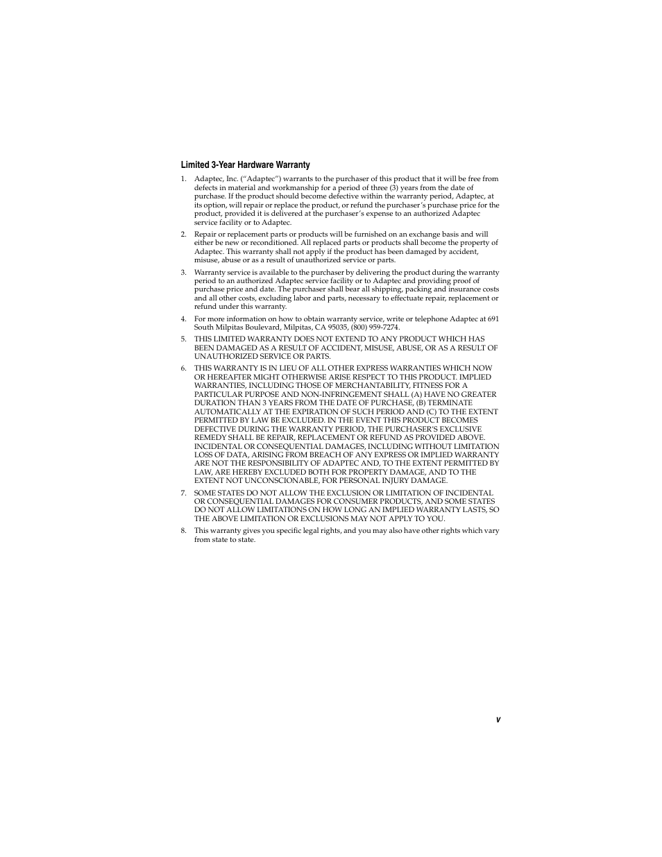 Vlimited 3-year hardware warranty | Asus Adaptec 2025 ZCR User Manual | Page 5 / 169