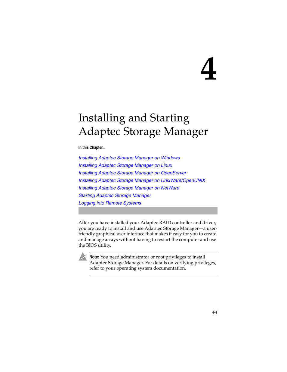 Installing and starting adaptec storage manager, Chapter 4 | Asus Adaptec 2025 ZCR User Manual | Page 50 / 169