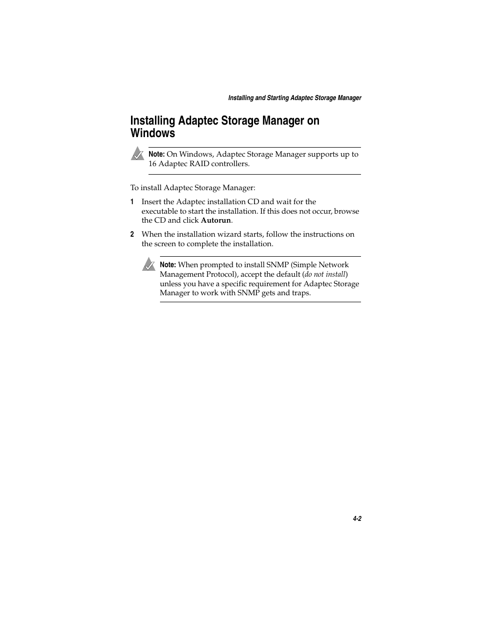 Installing adaptec storage manager on windows, Installing adaptec storage manager on windows 4-2 | Asus Adaptec 2025 ZCR User Manual | Page 51 / 169