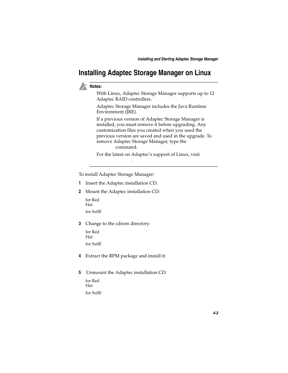 Installing adaptec storage manager on linux, Installing adaptec storage manager on linux 4-3 | Asus Adaptec 2025 ZCR User Manual | Page 52 / 169