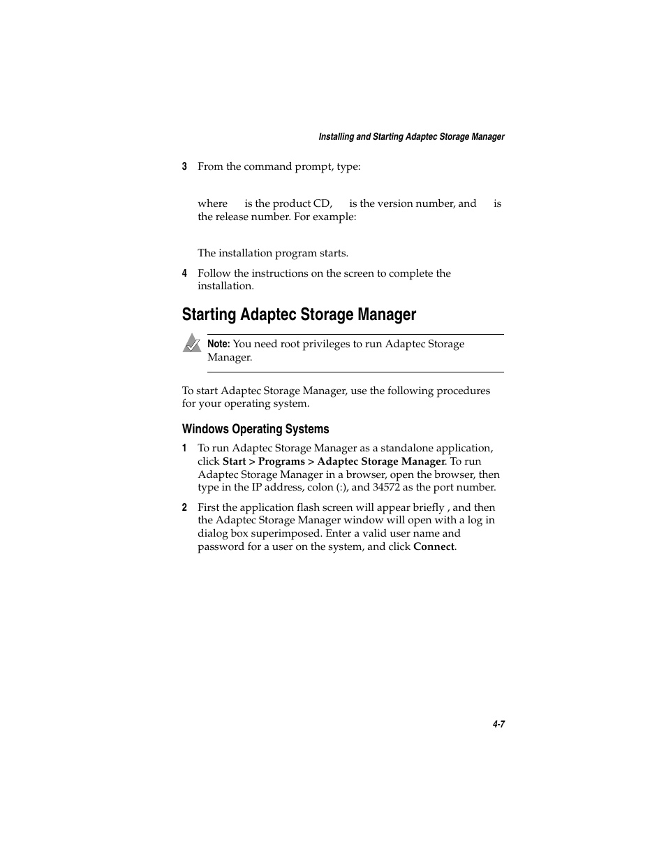 Starting adaptec storage manager, Windows operating systems, Starting adaptec storage manager 4-7 | Windows operating systems 4-7 | Asus Adaptec 2025 ZCR User Manual | Page 56 / 169