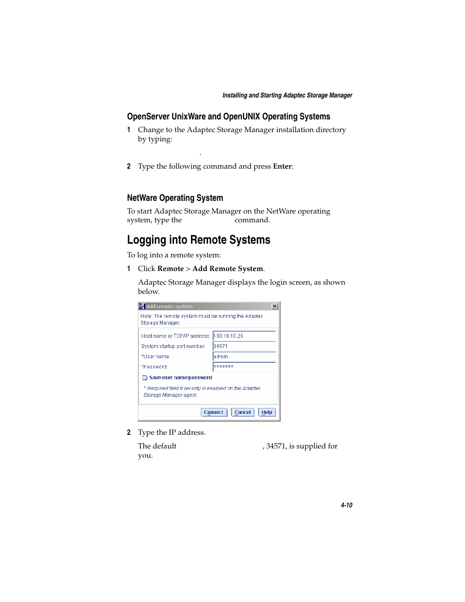 Openserver unixware and openunix operating systems, Netware operating system, Logging into remote systems | Logging into remote systems 4-10 | Asus Adaptec 2025 ZCR User Manual | Page 59 / 169