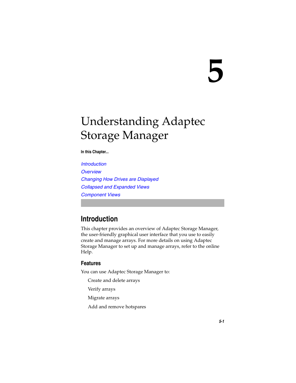 Understanding adaptec storage manager, Introduction, Features | Introduction 5-1, Features 5-1, Chapter 5 | Asus Adaptec 2025 ZCR User Manual | Page 61 / 169