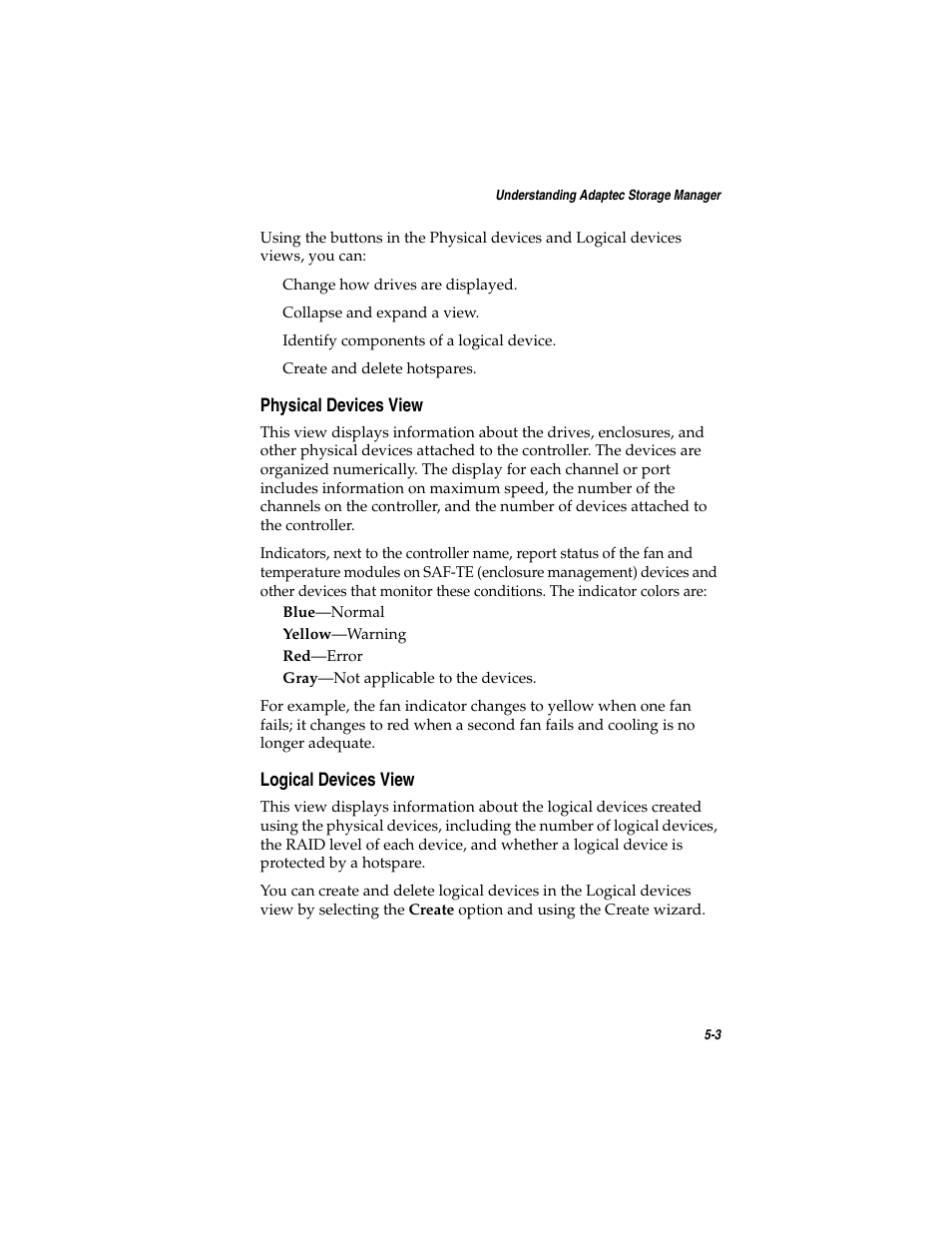 Physical devices view, Logical devices view, Physical devices view 5-3 logical devices view 5-3 | Asus Adaptec 2025 ZCR User Manual | Page 63 / 169
