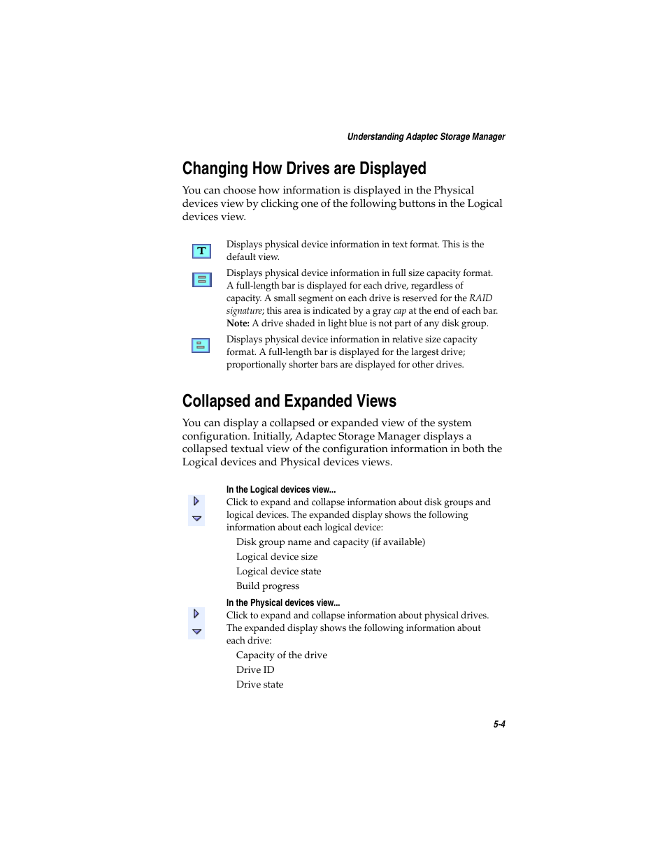 Changing how drives are displayed, Collapsed and expanded views | Asus Adaptec 2025 ZCR User Manual | Page 64 / 169