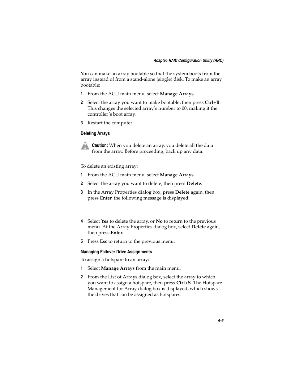 Deleting arrays, Managing failover drive assignments | Asus Adaptec 2025 ZCR User Manual | Page 71 / 169