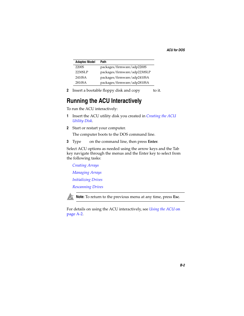 Running the acu interactively, Running the acu interactively b-2 | Asus Adaptec 2025 ZCR User Manual | Page 82 / 169