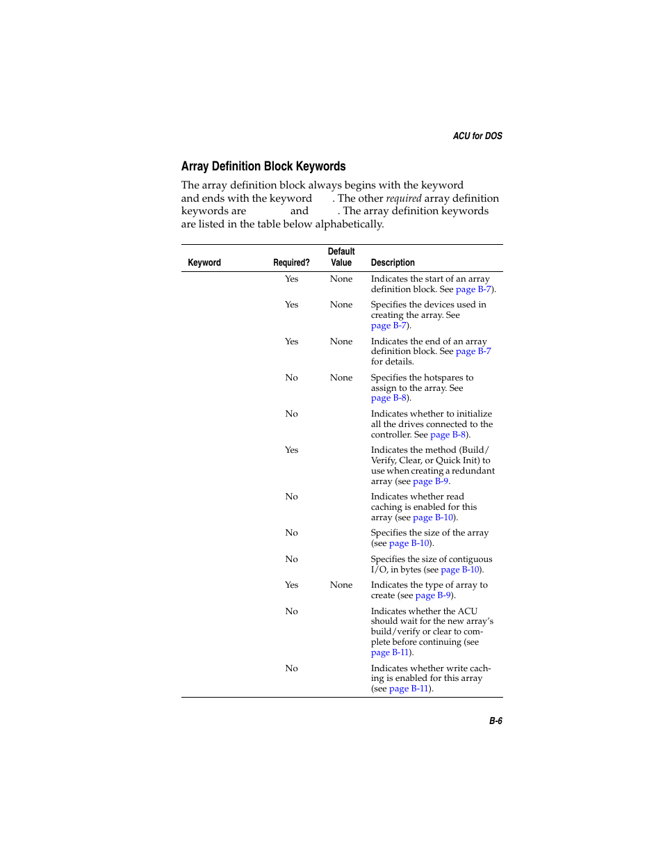 Array definition block keywords, Array definition block keywords b-6 | Asus Adaptec 2025 ZCR User Manual | Page 86 / 169