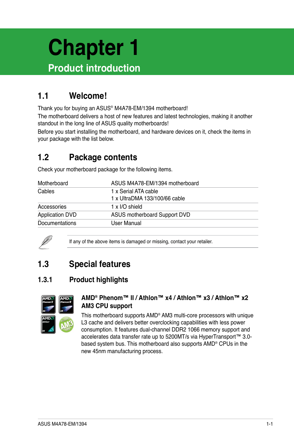 Chapter 1, Product introduction, 1 welcome | 2 package contents, 3 special features, 1 product highlights, Welcome! -1, Package contents -1, Special features -1 1.3.1, Product highlights -1 | Asus M4A78-EM/1394 User Manual | Page 13 / 62