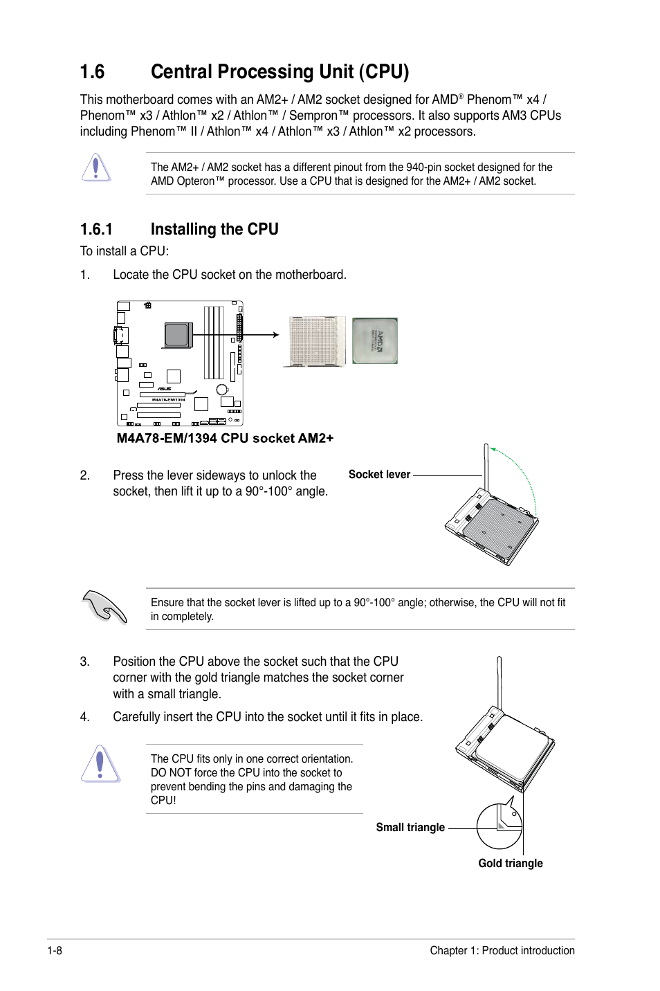 6 central processing unit (cpu), 1 installing the cpu, Central processing unit (cpu) -8 1.6.1 | Installing the cpu -8 | Asus M4A78-EM/1394 User Manual | Page 20 / 62