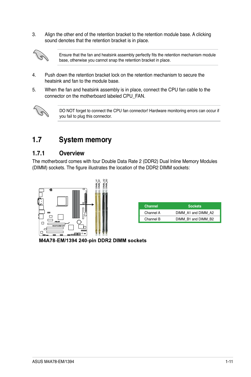 7 system memory, 1 overview, System memory -11 1.7.1 | Overview -11 | Asus M4A78-EM/1394 User Manual | Page 23 / 62