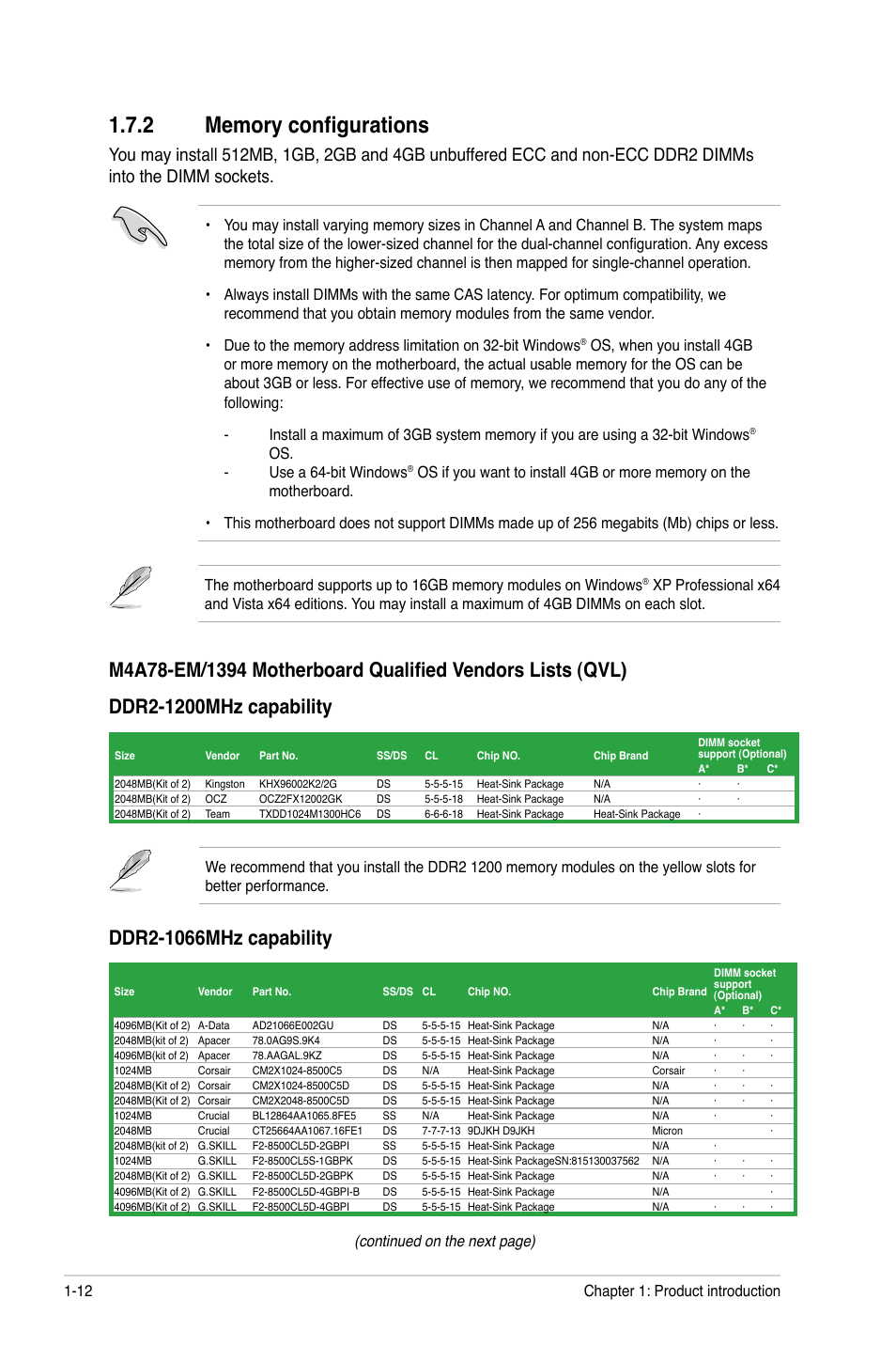 2 memory configurations, Memory configurations -12, Continued on the next page) | Asus M4A78-EM/1394 User Manual | Page 24 / 62