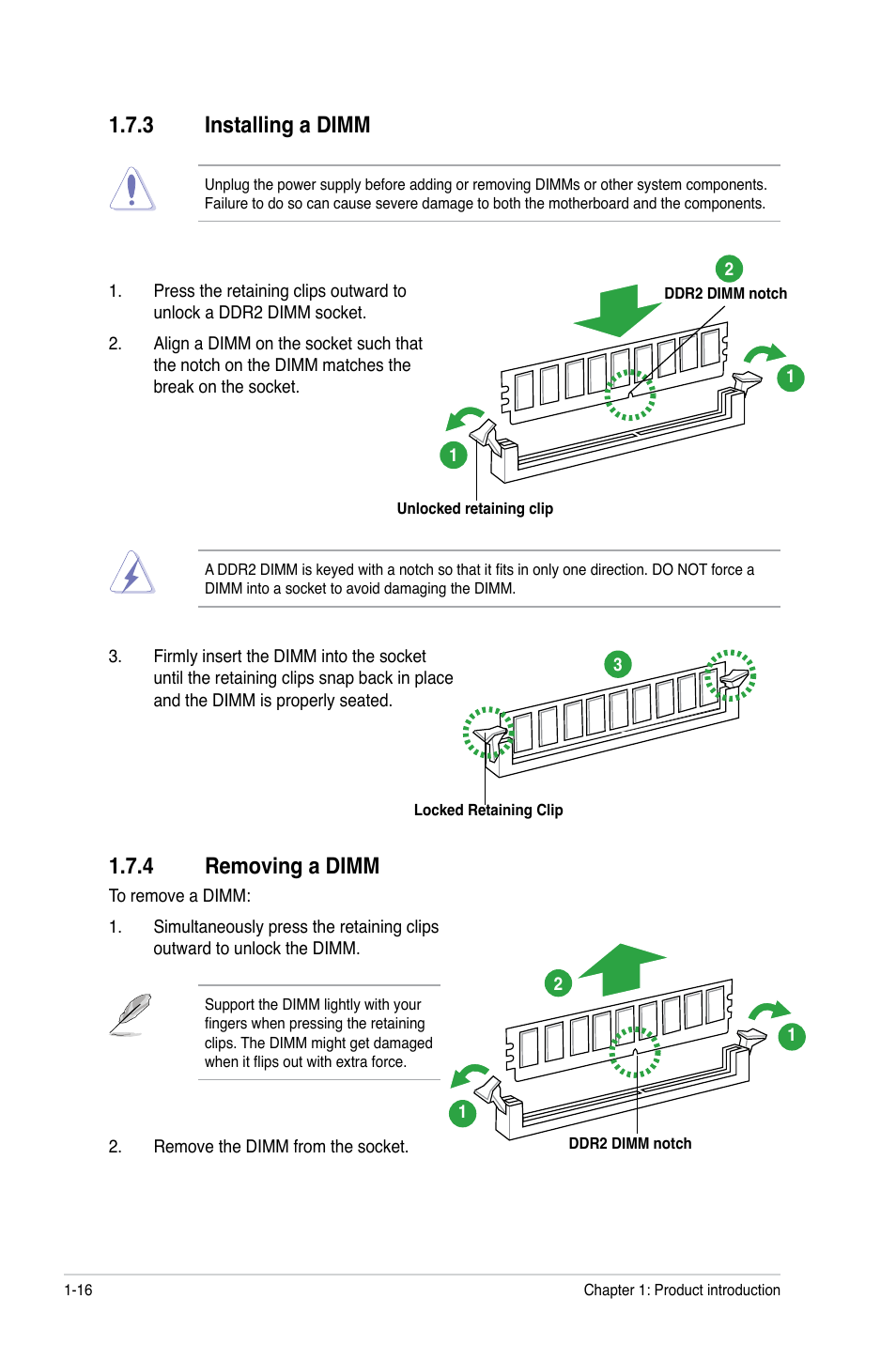 3 installing a dimm, 4 removing a dimm, Installing a dimm -16 | Removing a dimm -16 | Asus M4A78-EM/1394 User Manual | Page 28 / 62