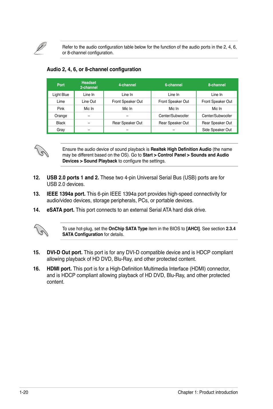 Audio 2, 4, 6, or 8-channel configuration | Asus M4A78-EM/1394 User Manual | Page 32 / 62