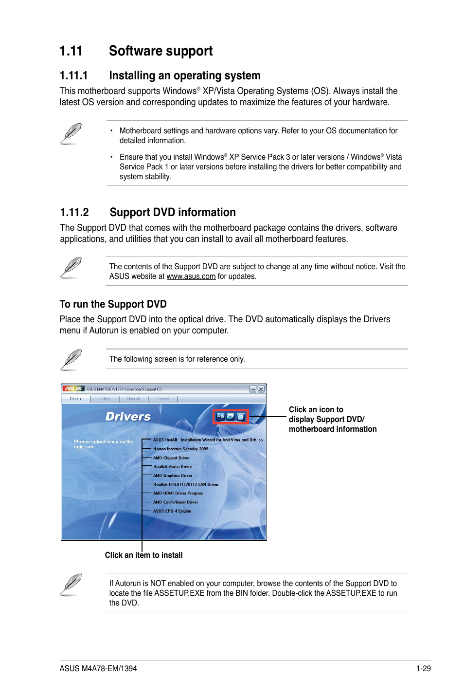 11 software support, 1 installing an operating system, 2 support dvd information | 11 software support -29 | Asus M4A78-EM/1394 User Manual | Page 41 / 62