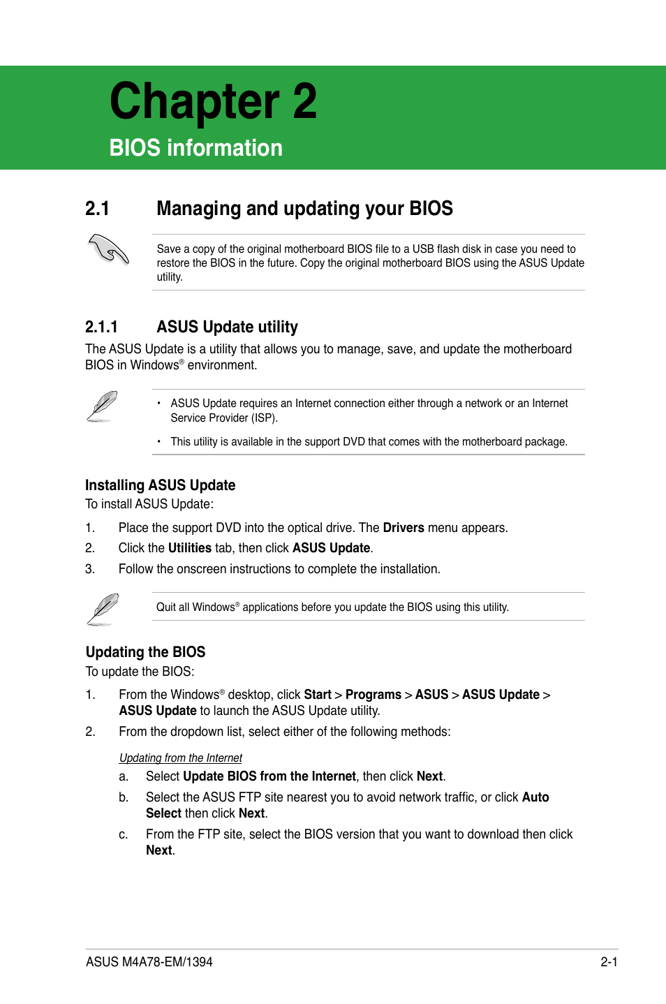 Chapter 2, Bios information, 1 managing and updating your bios | 1 asus update utility, Managing and updating your bios -1 2.1.1, Asus update utility -1 | Asus M4A78-EM/1394 User Manual | Page 43 / 62