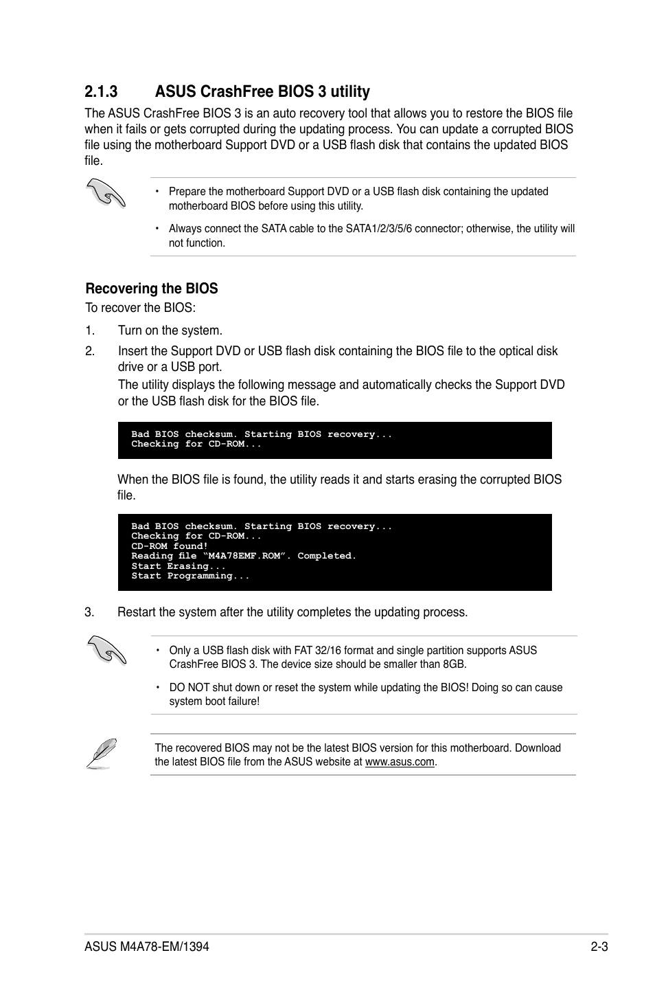 3 asus crashfree bios 3 utility, Asus crashfree bios 3 utility -3, Recovering the bios | Asus M4A78-EM/1394 User Manual | Page 45 / 62