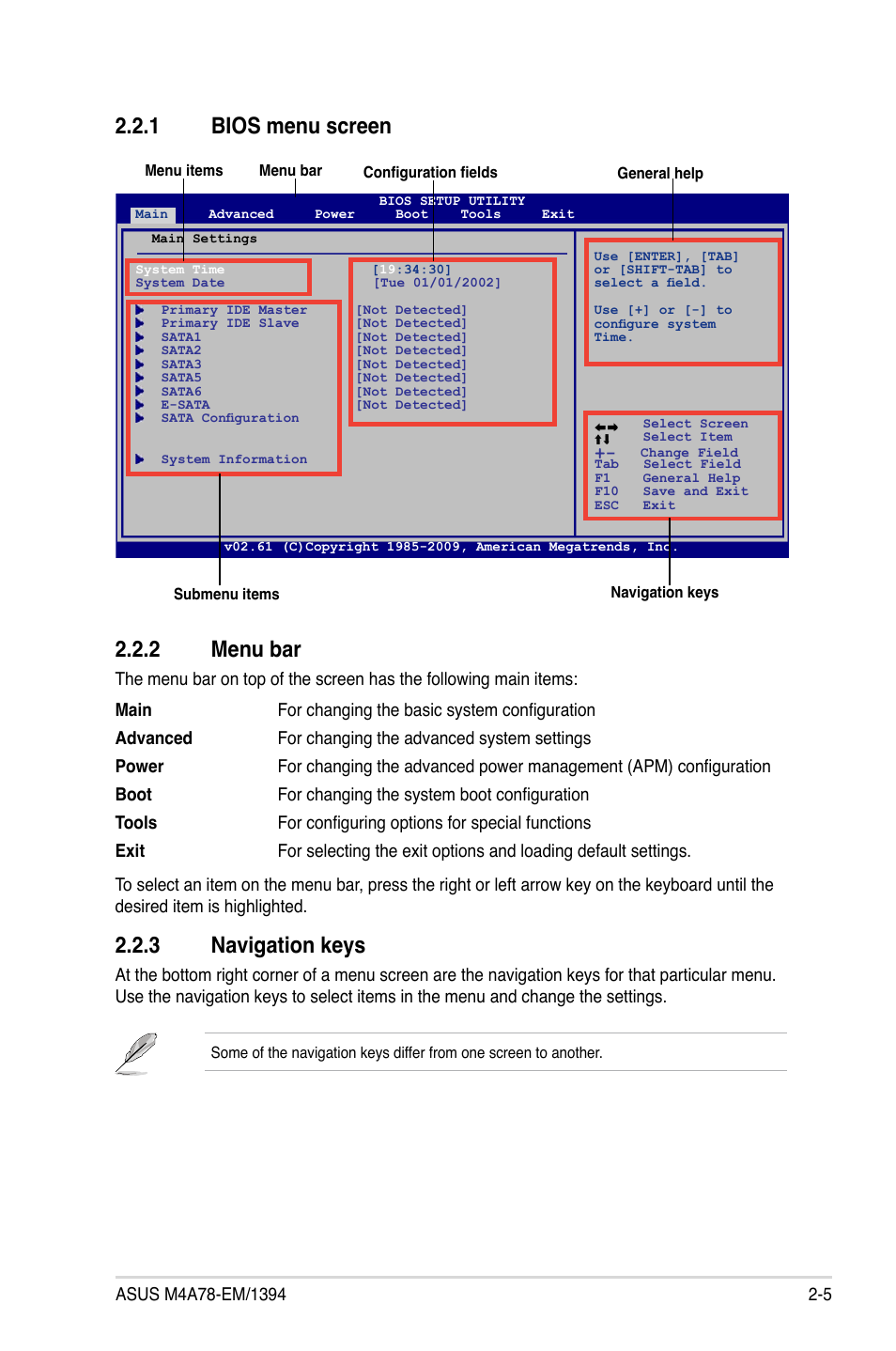 1 bios menu screen, 2 menu bar, 3 navigation keys | Bios menu screen -5, Menu bar -5, Navigation keys -5, 1 bios menu screen 2.2.2 menu bar | Asus M4A78-EM/1394 User Manual | Page 47 / 62