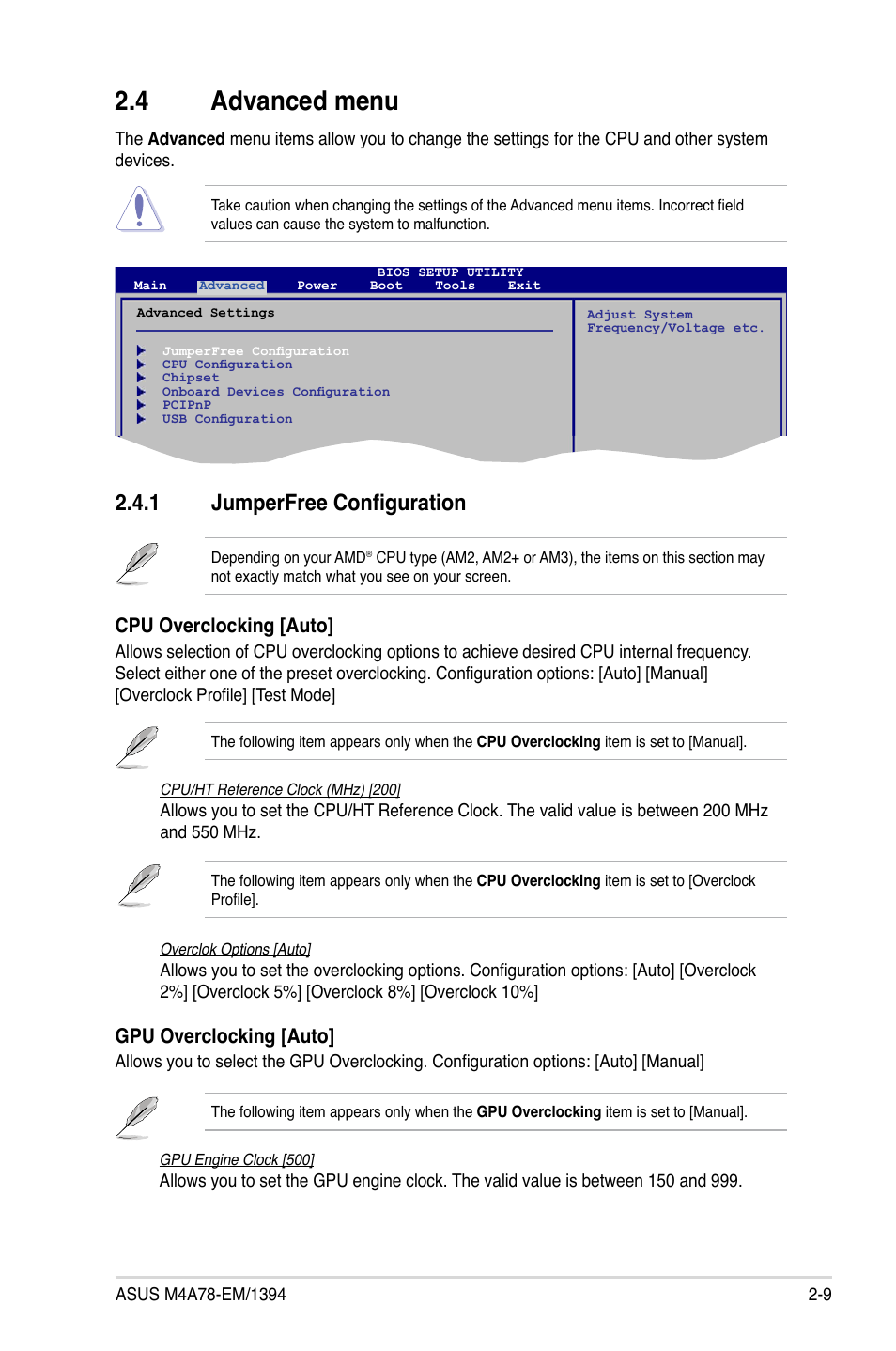 4 advanced menu, 1 jumperfree configuration, Advanced menu -9 2.4.1 | Jumperfree configuration -9, Gpu overclocking [auto, Cpu overclocking [auto | Asus M4A78-EM/1394 User Manual | Page 51 / 62